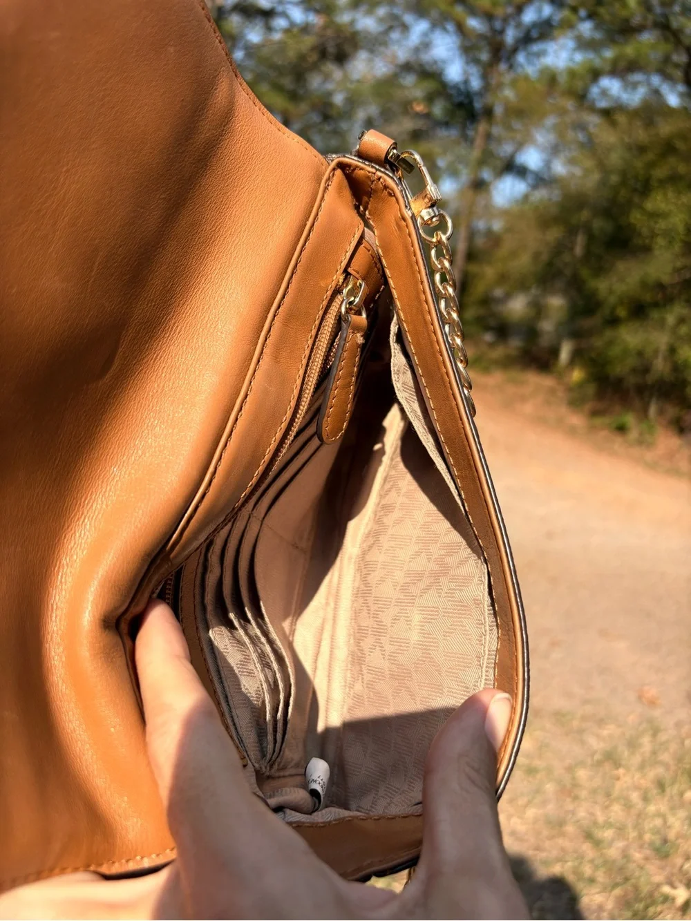 Michael Kors Cream Monogram Crossbody with Brown Trim and Gold Chain